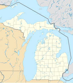 Mapa konturowa Michigan, na dole po prawej znajduje się punkt z opisem „Ashley”