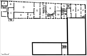 Plano de la segunda planta. A - Archivio segreto, B - Antichiesetta, C - Chiesetta, D - Sala del Senato, E - Sala del Collegio, F - Anticollegio, G - Sala delle Quattro Porte, H - Andito, I - Atrio quadrato, J - Scala d'Oro, K - Sala del Consiglio dei Dieci, L - Sala della Bussola, M - Sala dei Tre Capi del Consiglio dei Dieci, N - Scala dei Censori, O - Sala dei Tre Inquisitori di Stato, P - Armamento del Consiglio dei Dieci