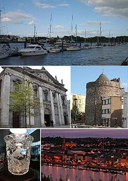 From top, left to right: Waterford Marina, Holy Trinity Cathedral, Reginald's Tower, a piece of Waterford Crystal, Waterford City by night.