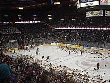 Wide angle shot of a hockey rink. Fans on all sides are throwing stuffed animals onto the ice where several hundred are piling up.