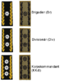 Insignes de grades de l'Armée suisse : Brigadier, Divisionnaire, Commandant de corps.