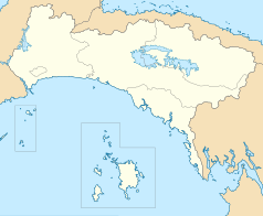 Mapa konturowa prowincji Panama, po lewej nieco u góry znajduje się punkt z opisem „Pacora”