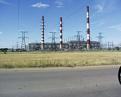 Iriklinskaya Power Station with chimneys used as high voltage pylons