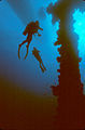 Divers next to the mast of the Unkai Maru