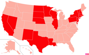 States in the United States by Catholic population according to the Pew Research Center 2014 Religious Landscape Survey.[248] States with Catholic population greater than the United States as a whole are in full red.