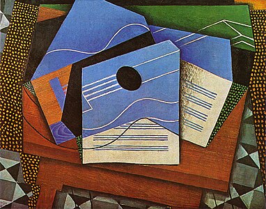 Deckender Farbauftrag. Juan Gris: Gitarre auf einem Tisch.