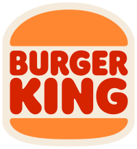 Red text spelling "Burger King" in a fanciful orange and blue circle.