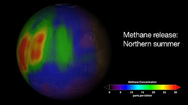 Spår av utsläpp av metan under den norra hemisfärens sommar. Illustration av NASA