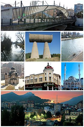 Ibar Bridge, Sitnica River, Miners Monument, Ibar River, St. Dimitri Orthodox Church, Former Jadran Hotel, Sand's Mosque, Mitrovica at night panoramic view.