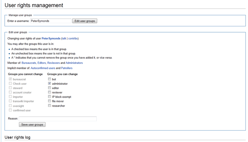 Potret layar némbongkeun antarbeungeut Special:UserRights dina wiki lokal.