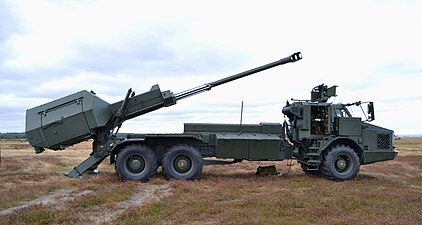 Modernt dumperartilleri med eldrörspjäs, svenska BAE Systems Archer.