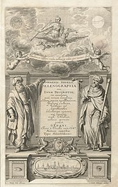 Frontispiece of book showing two persons in robes, one holding a geometrical diagram, the other holding a telescope.