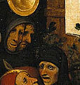 Twee zotten onder één kaproen (Een gek is zelden alleen), detail uit Nederlandse Spreekwoorden van Pieter Bruegel de Oude (1559)