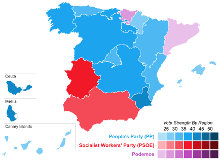 Map of Spain showcasing winning party's strength by autonomous community