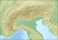 Mapa konturowa Alp, po lewej znajduje się czarny trójkącik z opisem „Masyw Mont Blanc”