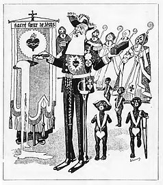 Cartoon depicting Leopold II laying the first stone (12 October 1905)