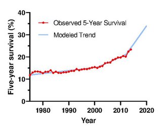 Graph showing five-year survival from lung cancer increasing from 1975 (11.7% of people) to 2015 (25.2%).