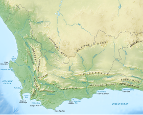 Carte topographique du Cap-Occidental avec les monts Tsitsikamma au sud-est.