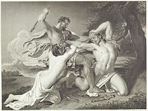 Semi-nude man prepares to stab a naked man, while a semi-nude woman clutches his waist