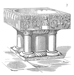 Les fonts baptismaux de l'église Saint-Pierre, dessin d'Eugène Viollet-le-Duc[35].