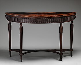 Side table with many acanthus leafs and two bucrania; by Robert Adam; c.1780 with later addition; mahogany; overall: 88.6 × 141.3 × 57.1 cm; Metropolitan Museum of Art