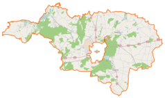 Mapa konturowa powiatu leszczyńskiego, po prawej nieco u góry znajduje się punkt z opisem „Osieczna”