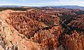 Image 9 Bryce Canyon National Park Photograph credit: Tony Jin Bryce Canyon National Park is an American national park located in southwestern Utah. The major feature of the park is Bryce Canyon, which despite its name, is not a canyon, but a collection of giant natural amphitheaters along the eastern side of the Paunsaugunt Plateau. This panoramic view, as seen from Inspiration Point, shows the colorful Claron Formation, from which the park's delicate hoodoos are carved; the sediments were laid down in a system of streams and lakes that existed from 63 to about 40 million years ago (from the Paleocene to the Eocene epochs). The brown, pink and red colors are from hematite, the yellows from limonite, and the purples from pyrolusite. More selected pictures