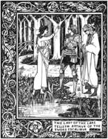 La Dama del Lago entregando a Arturo la espada Excálibur mientras Merlín observa. Ilustración de Aubrey Beardsley para Le Morte d'Arthur, de Malory.