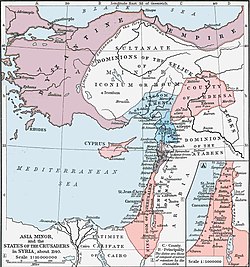 Map of the Middle East showing the Christian states of c. 1140 in colour