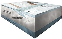 Morceau représenté en coupe de la surface. Des morceaux de croûte plongent par subduction.