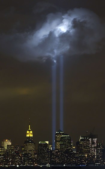 New York City, N.Y. (Sept. 9, 2004) - As the anniversary of the September 11, 2001 terroist attack approaches, a test of the Tribute in Light Memorial illuminates a passing cloud above lower Manhattan. The twin towers of light, made-up of 44 searchlights near “Ground Zero,” are meant to represent the fallen twin towers of the World Trade Center. Depending on weather conditions, the columns of light can be seen for at least 20 miles around the trade center complex. U.S. Coast Guard photo by Public Affairs 2nd Class Mike Hvozda