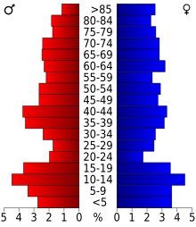 Schéma représentant la population du comté, par tranche d'âge. En rouge, à gauche, les femmes, en bleu à droite, les hommes.