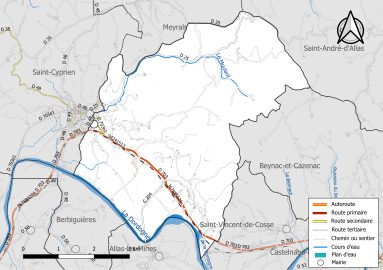 Carte en couleur présentant le réseau hydrographique de la commune