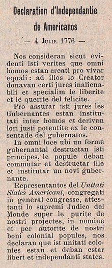 Traduction d'un extrait de la Déclaration d'indépendance des États-Unis en romanal, 1917.