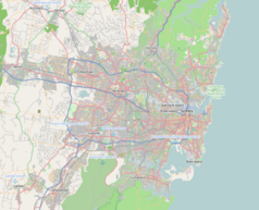 Mapa konturowa Sydney, po prawej znajduje się punkt z opisem „miejsce bitwy”