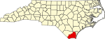 Mapa de Carolina del Norte con la ubicación del condado de Brunswick