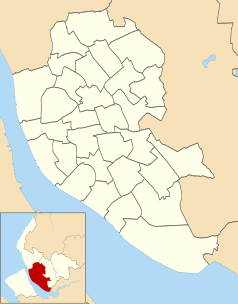 Mapa konturowa Liverpoolu, blisko centrum na prawo znajduje się punkt z opisem „Childwall”