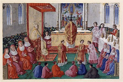 Messe solennelle coram papa à la chapelle Sixtine avec Sixte IV. Miniature de Giuliano Amidei, musée Condé.