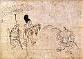 Fragment from the first scroll Detail, depicting a frog holding a lilypad over a monk's head. Tokyo National Museum