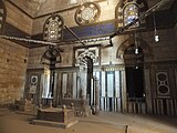 Mihrab and tombs in the northern mausoleum chamber. The largest cenotaph belongs to Faraj ibn Barquq, the others belong to his father Barquq and other male relatives.