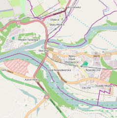 Mapa konturowa Nowego Dworu Mazowieckiego, po lewej nieco u góry znajduje się punkt z opisem „Twierdza Modlin”