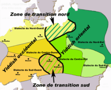 Map of the Yiddish dialects between the 15th and the 19th centuries (Western dialects in orange / Eastern dialects in green)