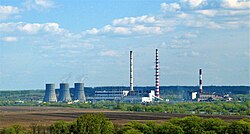 Kashira Power Plant with one chimney serving also as high voltage pylon