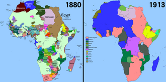 two maps of Africa, one in 1880 and one in 1913, showing how the country was divvied up by the colonial powers of that period