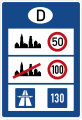 ドイツの国境にある標識。同国は市街地では50 km/h、市街地外では100 km/hの制限速度があるほか、アウトバーンでは「推奨速度」として130 km/hが指定されている。