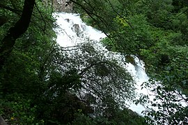 La pente la plus raide de la Sorgue avec 1,53 mètre d'eau[2]. L'exsurgence au pied de la falaise est visible en haut de la photo.