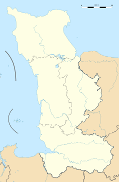 Mapa konturowa Manche, blisko dolnej krawiędzi znajduje się punkt z opisem „Montjoie-Saint-Martin”