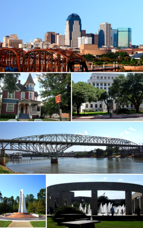 Do topo, da esquerda para a direita: Centro, a Lewis House, Caddo Parish Courthouse, Long-Allen Bridge, monumento Gardens of the American Rose Center, Shreveport Riverfront Fountain