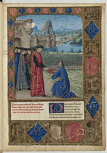 Sébastien Mamerot consegna la sua opera a Louis de Laval, dal codice miniato Passages d'outremer, 1474 circa, Biblioteca nazionale di Francia, Parigi