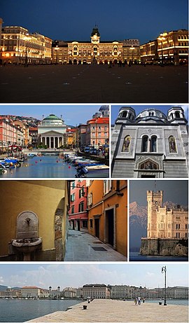 A collage of Trieste showing the Piazza Unità d'Italia, the Canal Grande (Grand Canal), the Serbian Orthodox church, a narrow street of the Old City, the Castello Miramare, and the city seafront